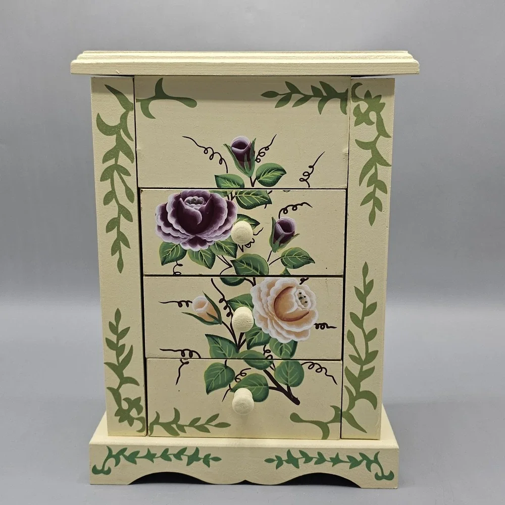 Vintage Wooden Jewelry Music Box Ballerina Cottagecore Grannycore Floral Chic